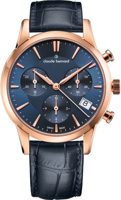Claude Bernard Chronograph Damenuhr, Quarz, Edelstahl, Blau, 35 mm - Bild 1