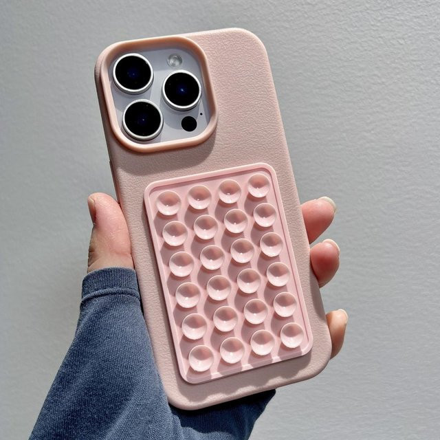 Stoßfeste Silikonhülle mit Litschi-Textur und 3D-Saugnapf für Apple iPhone in Rosa - Bild 1