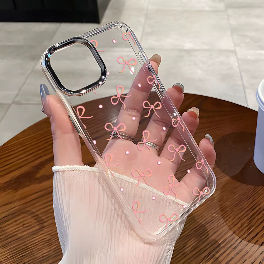 Transparente Handyhülle mit rosa Schleife für iPhone 12 bis iPhone 17 Pro Max, stoßfeste Schutzhülle in Pink - Bild 2