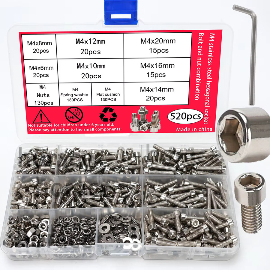 520-teiliges Edelstahl-Set mit Sechskantmuttern, Becherkopfschrauben und Unterlegscheiben in Silber - Bild 5