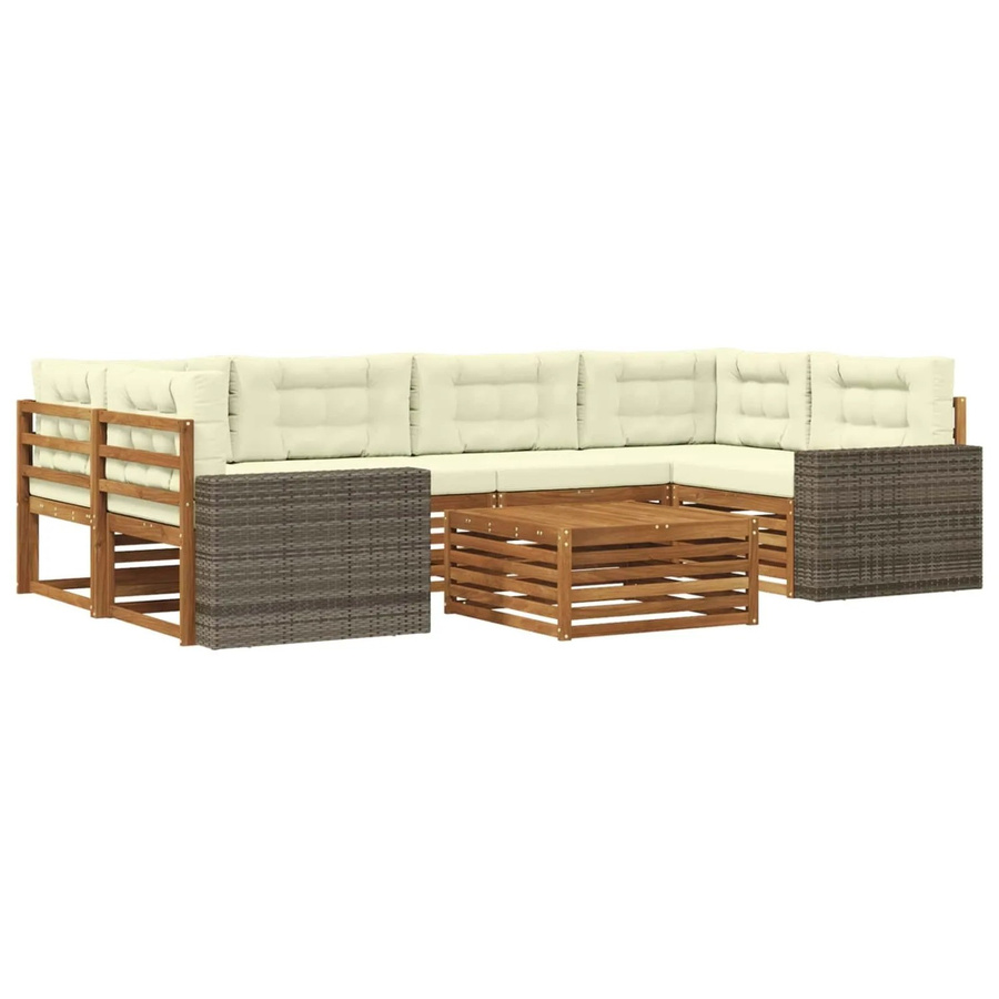 vidaXL Outdoor-Sofagarnitur L-Form aus Akazienholz mit 7 Kissen in Natur und Creme - Bild 2