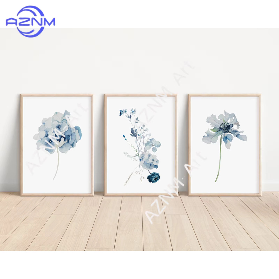 3-teiliges AZNM Hamptons Poster mit blauen Hortensien-Blumenprints im modernen Küstenstil als botanische Wandkunst - Bild 3
