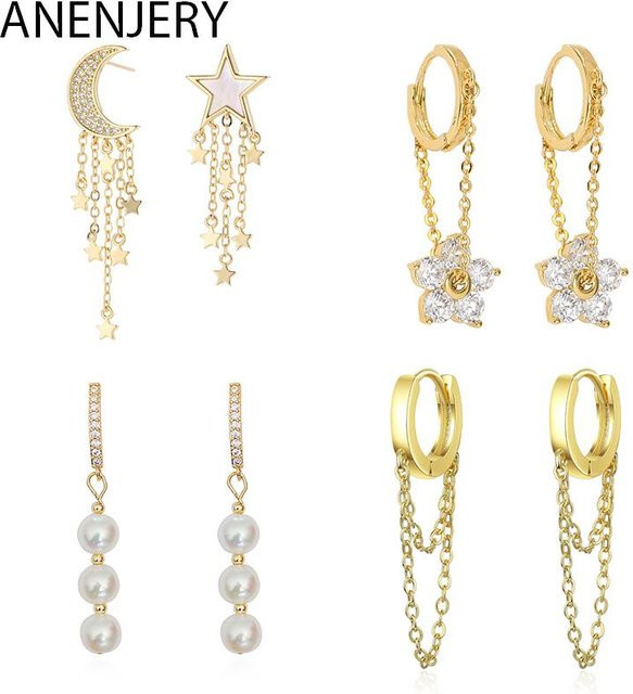 ANENJERY Ohrringe, Asymmetrische Mond Sterne Blume Quaste, Gold Farbe, Damen - Bild 1
