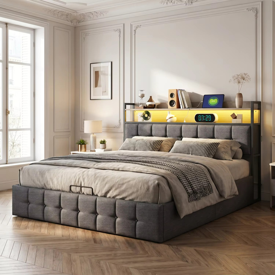 Anajqaqia Doppelbett mit hydraulischem Stauraum und gepolstertem Kopfteilregal in Grau, B/T: 140 x 200 cm - Bild 1