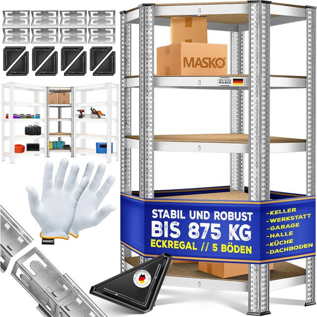 MASKO Eckregal Schwerlastregal aus Metall mit MDF-Platten, Silber, H x B x T: 180 x 75 x 40 cm - Bild 1