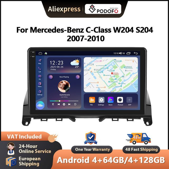 Podofo 9-Zoll Android Auto Multimedia-Player für Mercedes-Benz C-Klasse W204 S204 2007-2010 mit CarPlay, GPS und WIFI in Schwarz - Bild 1