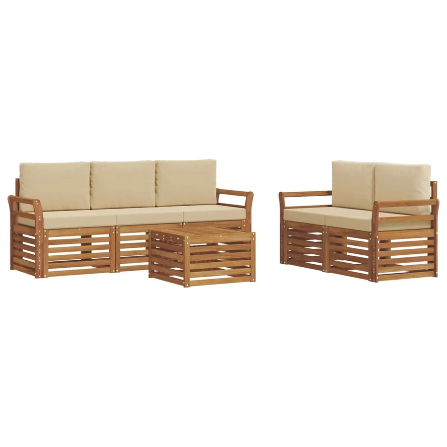 vidaXL 6-teilige Sofagarnitur aus Massivholz Akazie in Natur und Beige mit Tisch und Polstern - Bild 2