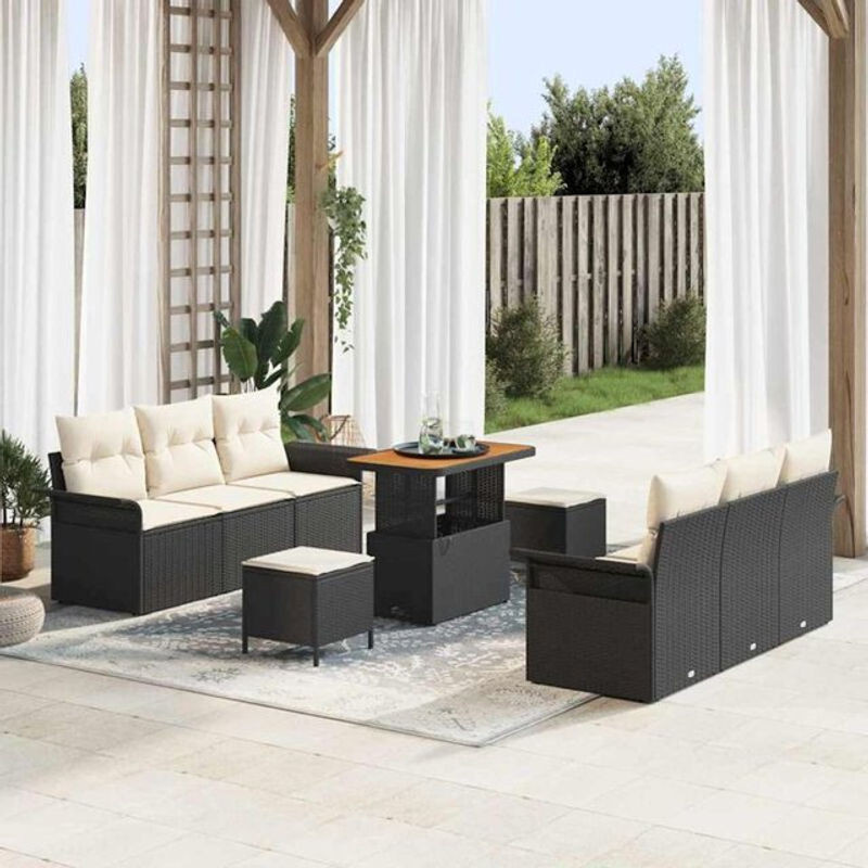 Vidaxl Garten-Sofa-Set aus Polyrattan mit 9-teiligem Kissen-Set in Schwarz und Creme, B/T/H: 90 x 55 x 71 cm - Bild 1