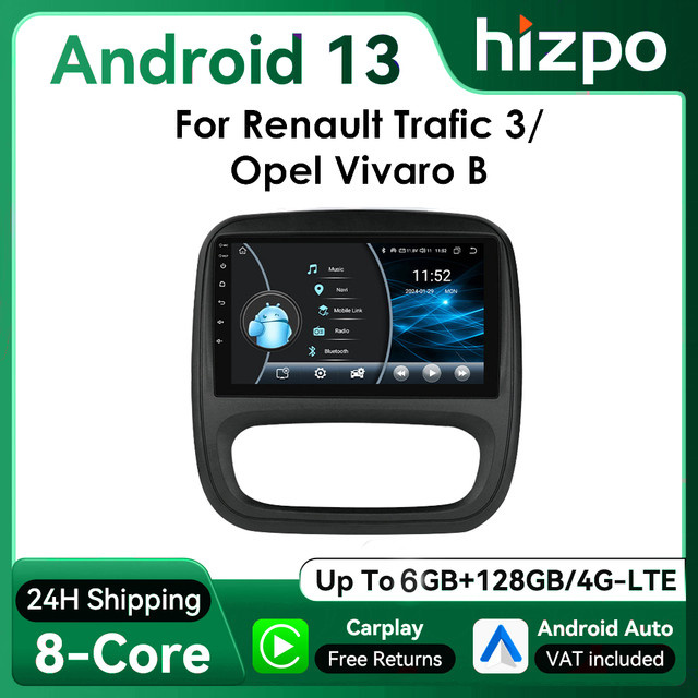 Hizpo Android 13 Autoradio mit 9 Zoll Display für Opel Vivaro B 2014-2018 und Renault Trafic 2014-2021, Schwarz, mit GPS, Bluetooth und 4G Unterstützung - Bild 1