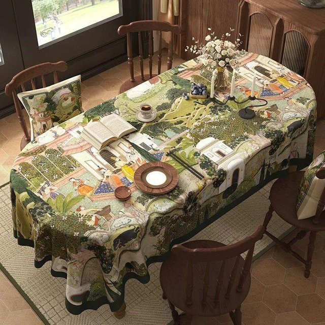 Französische Vintage Tischdecke von JMG Household Supplies in Grün mit floralem Druck, rechteckig, B/T: 100 x 50 cm - Bild 1