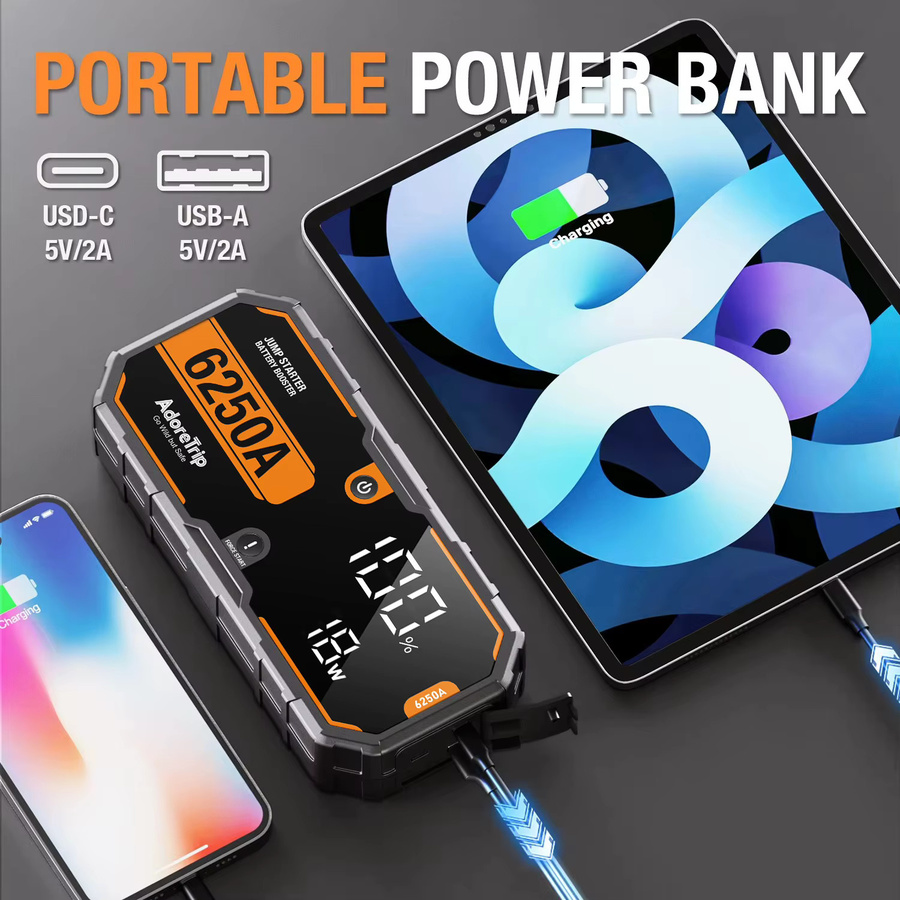 AdoreTrip Tragbares 12V Starthilfegerät 6250A in Schwarz mit Powerbank Funktion als Autobatterie-Ladegerät für Benzinmotoren bis 10,0L und Dieselmotoren bis 6,5L - Bild 5