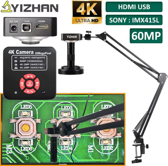 YIZHAN Digitalmikroskop 4K 60MP mit HDMI und USB, IMX415L Sensor, 1-150X C-Mount-Objektiv und Gelenkarm, Schwarz - Bild 1
