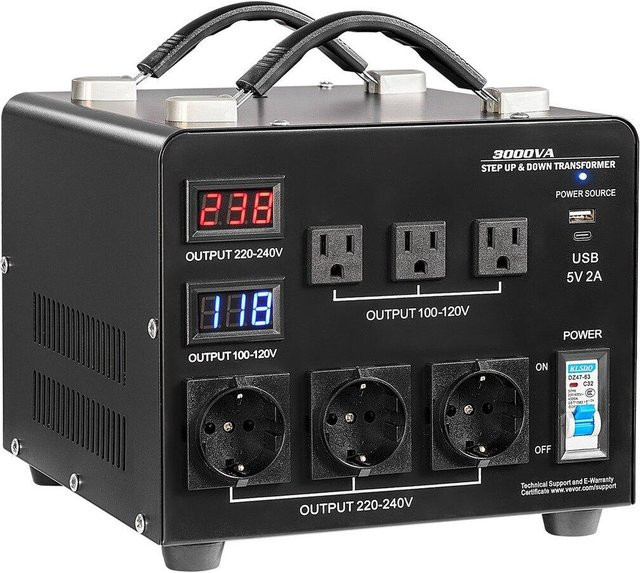 Buying Solutions MB Spannungs-Autokonverter-Transformator 3000VA Schwarz mit 3 US- und 3 EU-Steckdosen sowie USB-C zur Aufwärts- und Abwärtswandlung von 110V auf 220V und 220V auf 110V - Bild 1