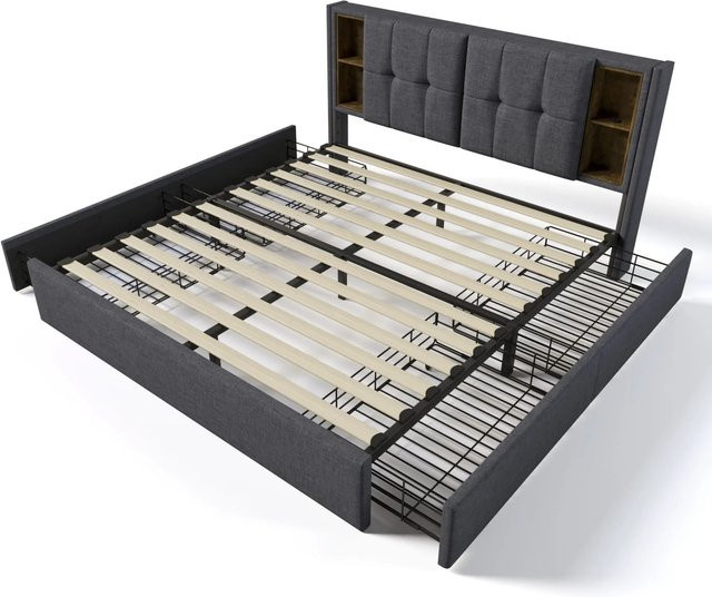 okwish Polsterbett mit Schubladen und USB-Ladeport in Grau, B/T/H: 160 x 200 x 103 cm - Bild 1