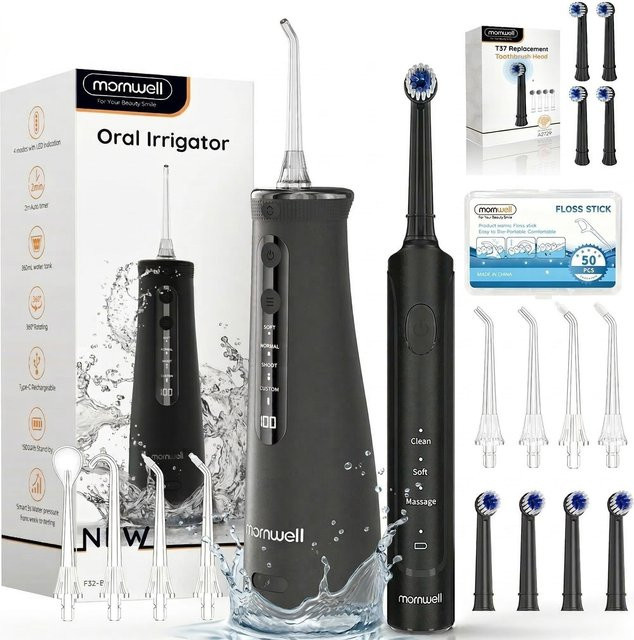 Mornwell Elektrische Zahnbürste mit Wasserflosser-Kombination, Schwarz, Unisex - Bild 1
