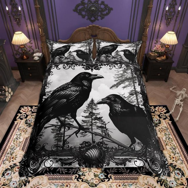 Homewish Halloween Bettwäsche Set mit Krähen und floralem Design, Schwarz/Mehrfarbig, B/H: 100 x 135 cm - Bild 1
