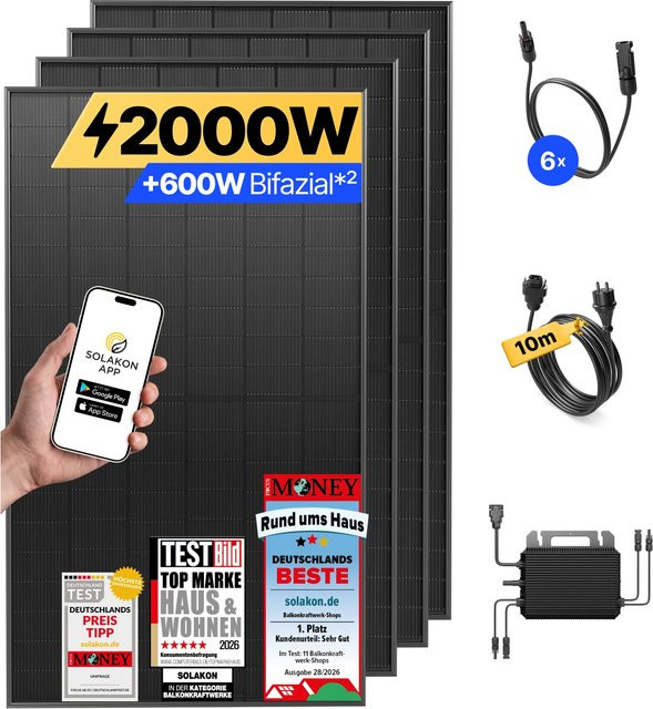 Sola Balkonkraftwerk 2000W/800W Photovoltaik Komplettset mit WIFI in Schwarz, Kabellänge: 10 m - Bild 1