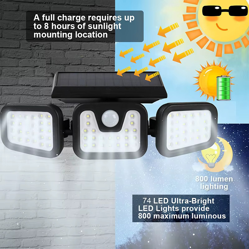 DOUWENXI Solarleuchte mit 74 LED und 3 Köpfen, Bewegungssensor-Wandlampe mit einstellbarer Helligkeit für Außenbereiche wie Haustür, Garage oder Hof - Bild 2