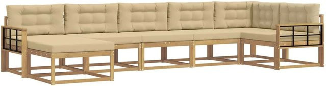 vidaXL Outdoor-Sofagarnitur L-Form aus Akazienholz mit 7 Kissen in Weiß und Beige - Bild 1