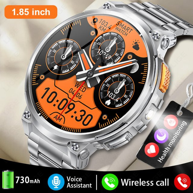 LIGE K66 Smartwatch für Herren mit Taschenlampe und Bluetooth-Anruf, 1,85 Zoll Display, 128 MB Speicher und 730 mAh Akku, Outdoor-Sport-Smartwatch in Schwarz und Silber - Bild 1