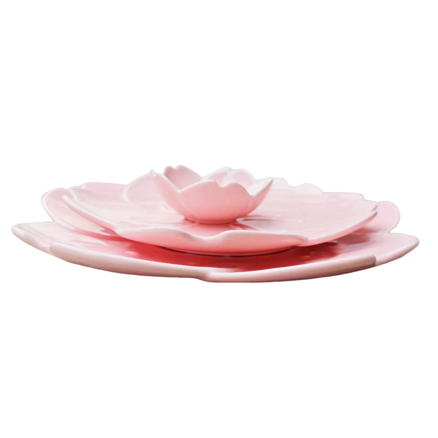 Giemza Keramik Teller Set mit floralem Blumenmuster in Rosa und Weiß, 3 Stück aus Steinzeug und Porzellan - Bild 2