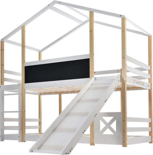 okwish Hochbett für Kinder mit Rutsche und Leiter in Natur und Weiß, B/T/H: 205 x 90 x 207 cm - Bild 1