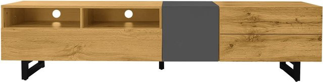 okwish TV Schrank mit Türen und Fächern in Retro Holzmaserung und Metallbeinen, Farbe Natur, B/T/H: 170 x 36,5 x 42 cm - Bild 1