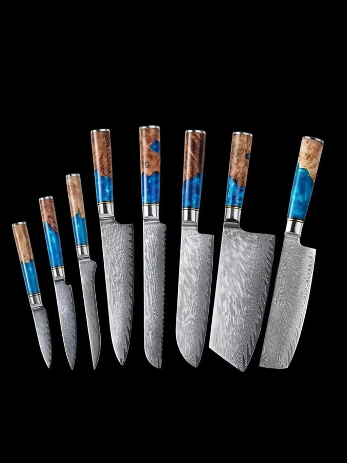 Baovim Profi Küchenmesserset aus Damaststahl mit blauem Harz-Holzgriff, 1–8 Stück Set zum Schneiden von Fleisch, Sushi und zum Schälen - Bild 5