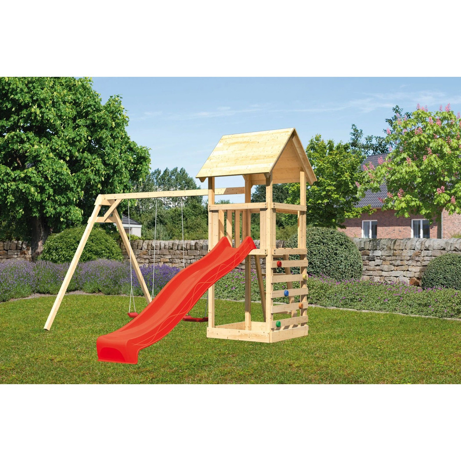 Karibu Spielturm Lotti mit Doppelschaukel, Kletterwand und Rutsche in Rot - Bild 2