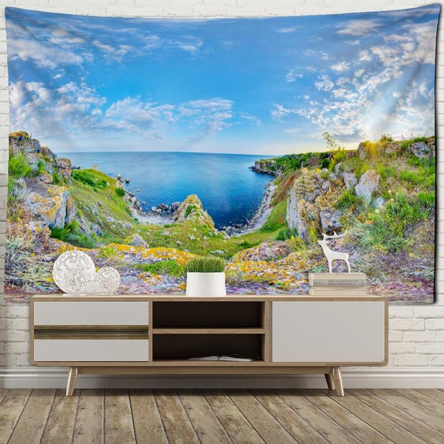 Wandteppich von Super Six mit blauem Boho-Landschaftsmotiv, Berge und Flüsse am Meer, Breite: 95 cm, Höhe: 70 cm - Bild 1
