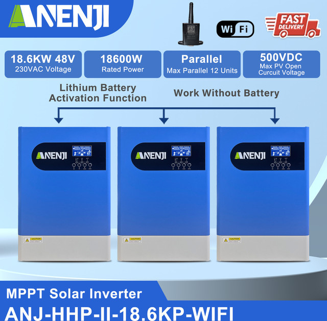 ANENJI Hybrid-Solar-Wechselrichter, dreiphasig, 18,6 kW, 48 V, 220/380 VAC, reiner Sinuswellen-Parallelwechselrichter mit 120 A Solarladegerät, PV 60–500 VDC, Blau - Bild 1