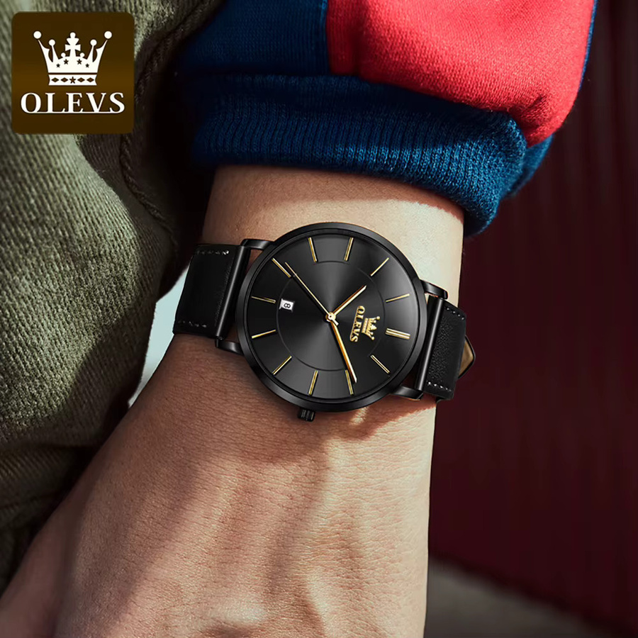 OLEVS Armbanduhr Quarz, Lederarmband, Schwarz, Herren - Bild 6