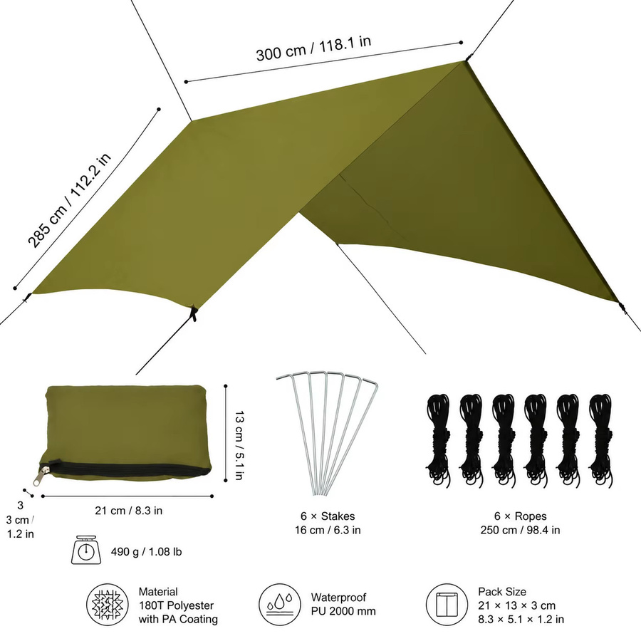 Wasserdichte Outdoor-Plane in Grün aus 180T Polyester mit PA-Beschichtung für Camping und Sonnenschutz, B/T/H: 300 x 285 cm, inklusive 6 Heringe und 6 Seile - Bild 7