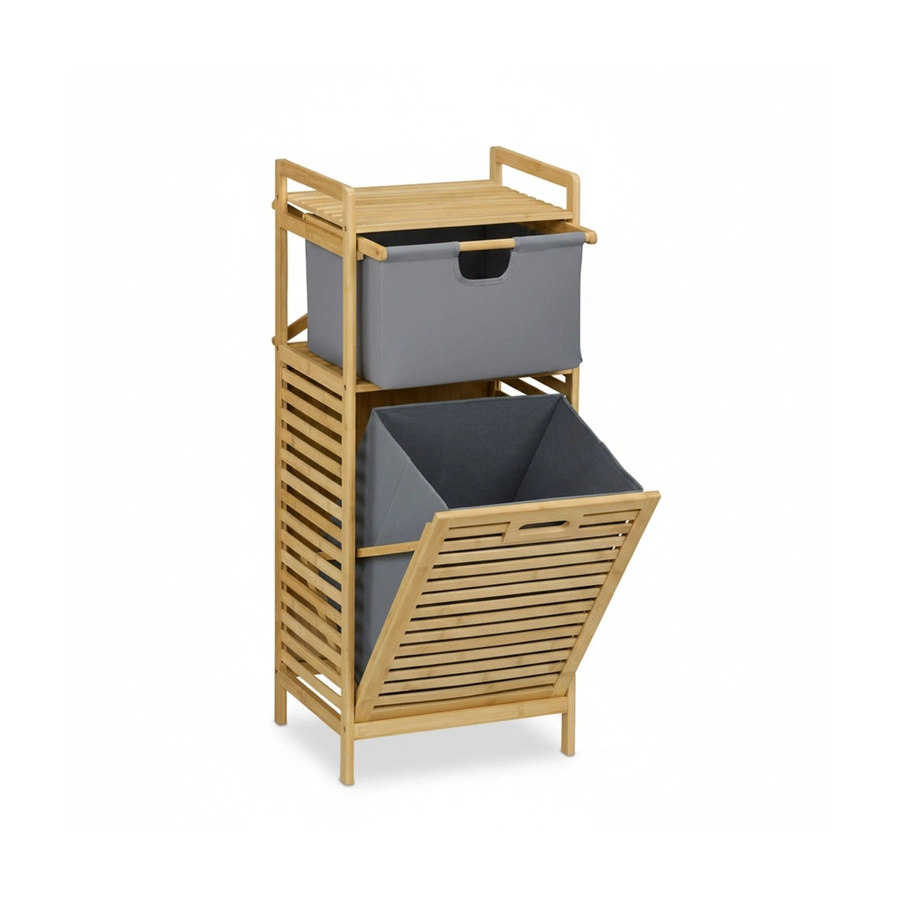 Relaxdays Wäschekorbregal aus Bambus mit Stoffschublade, Natur und Grau, H: 95 cm, B: 40 cm, T: 33 cm - Bild 2
