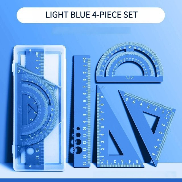 Multifunktionales 4-in-1-Lineal aus Aluminiumlegierung von Kissbuty als Schreibwaren-Set mit Winkelmesser zum Zeichnen in Gold oder Blau - Bild 1