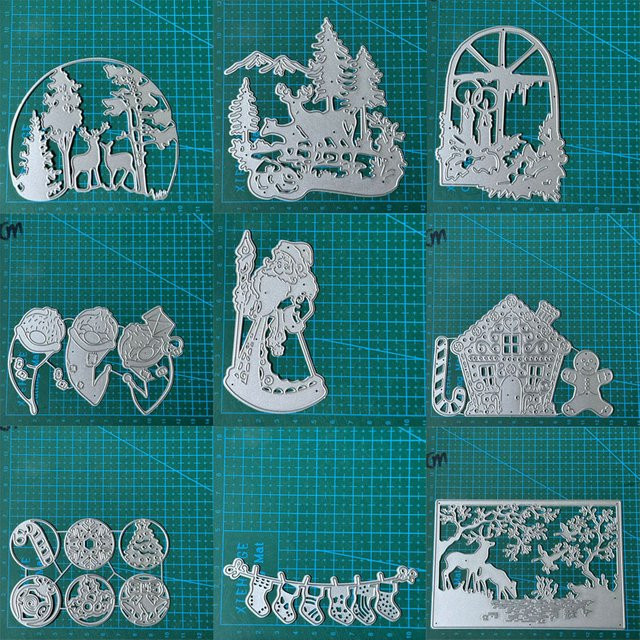 Metall Stanzformen für Papierhandwerk mit Weihnachts-Motiven wie Hirsch, Weihnachtsmann und Bäumen in Silber - Bild 1