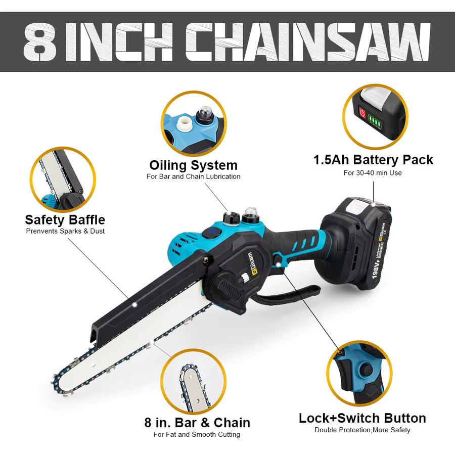 GΣ 8 Zoll bürstenlose Einhand-Elektrokettensäge für Makita 18V Akku LXT, Blau - Bild 3