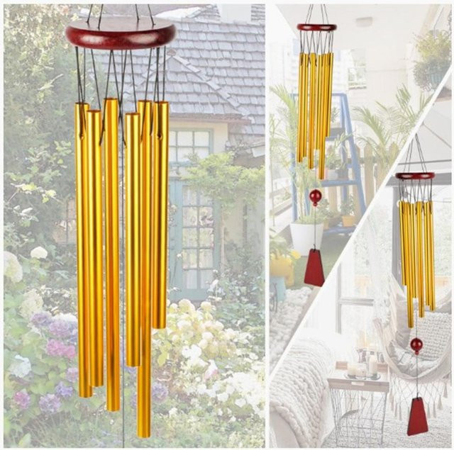 Modernes Windspiel mit 6 Röhren aus Metall und Holz in Weiß für Garten, Terrasse und Balkon - Bild 1