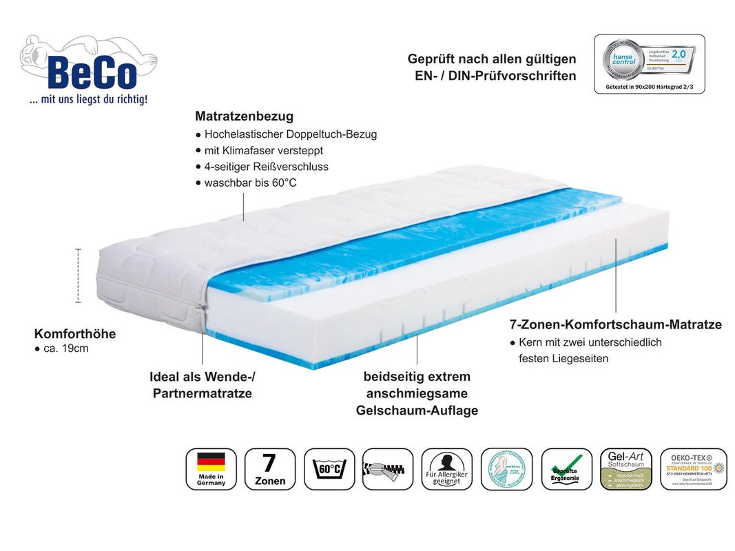 BECO Ortho-Dynamic 7-Zonen Komfortschaum-Matratze H2/H3 mit abnehmbarem Bezug, Breite: 80 cm, Länge: 200 cm - Bild 2