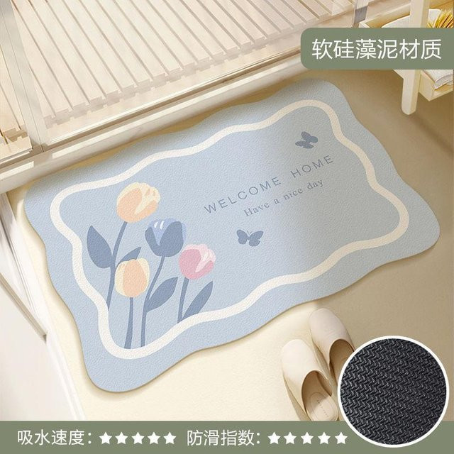 Rutschfeste Kieselgur Badezimmer Matte mit floralem Design in Blau, B/B: 60 x 40 cm - Bild 1