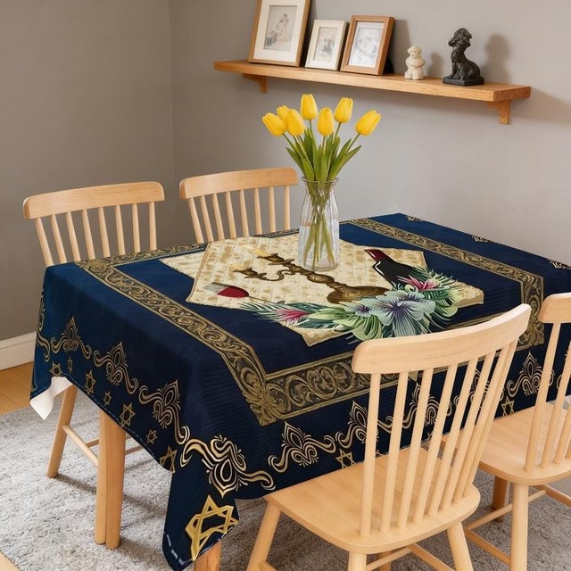 Wasserdichte und wiederverwendbare rechteckige Tischdecke mit Rosch Haschana Motiv von JMG Household Supplies in Blau, B/T: 140 x 140 cm - Bild 1
