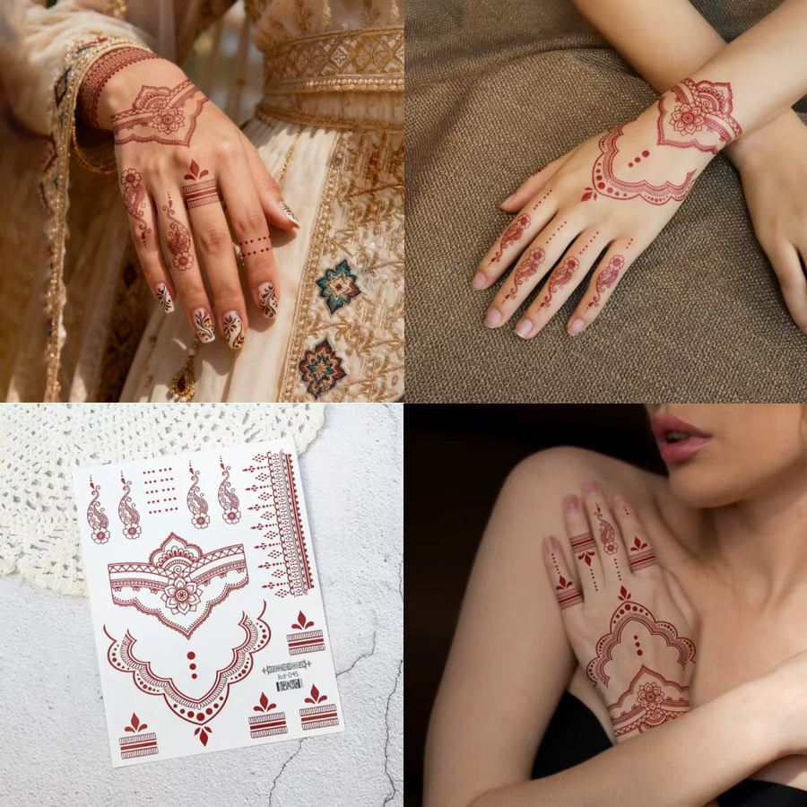 ROCOOART Henna-Tattoos, 6 Stück, Rot, Indien-Blume, Damen - Bild 2
