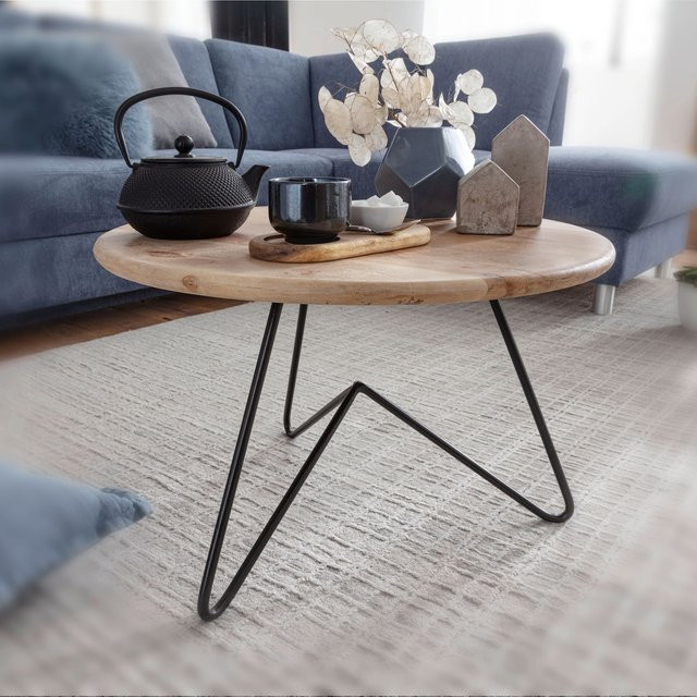 FineBuy Couchtisch aus Akazie Massivholz rund in Braun mit Haarnadelgestell aus Metall - Bild 1