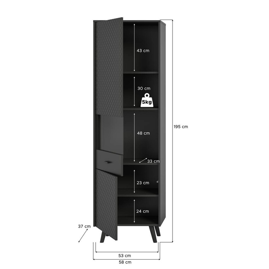 Vitrinenschrank LINEA von xonox.home in Grau und Schwarz mit Glastüren, B/H/T: 58 x 195 x 37 cm - Bild 2