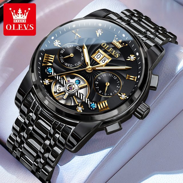 OLEVS Armbanduhr, Automatik, Edelstahl, Schwarz, Herren - Bild 1