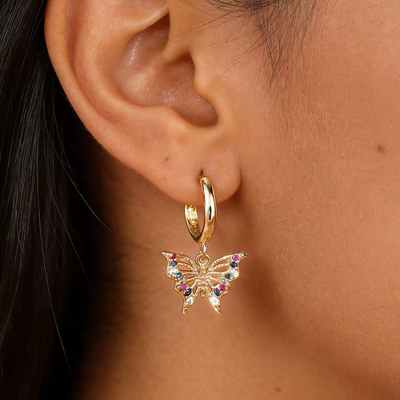 Huitan Hohle Schmetterlings-Tropfenohrringe, Gold, Zirkonia - Bild 3