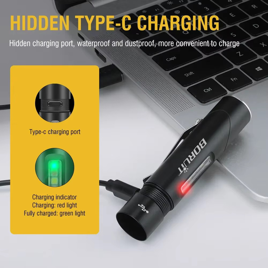 BORUiT V5S UV-LED-Taschenlampe mit 500LM, Drehkopf, Typ C, wiederaufladbar und Magnet, wasserdichte Arbeitsleuchte in Schwarz - Bild 4