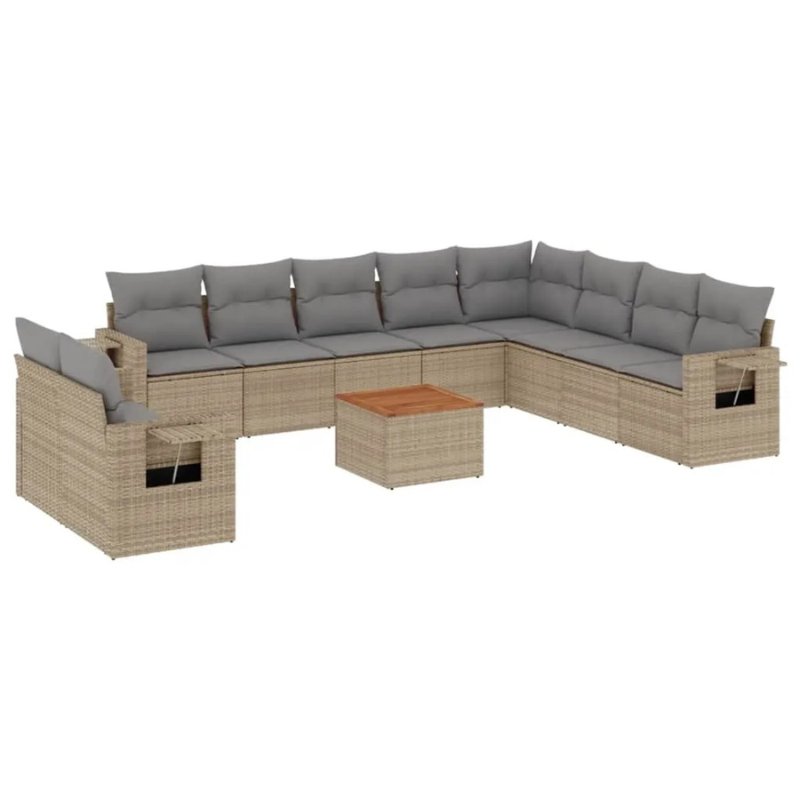 vidaXL 11-tlg. Garten-Sofagarnitur in U-Form aus Poly-Rattan in Beige-Grau mit Kissen und Armlehnen - Bild 2