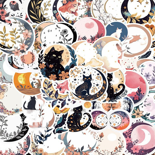 Charile Blumen Schwarze Katze Mond Cartoon Aufkleber, 10-teiliges Set - Bild 1