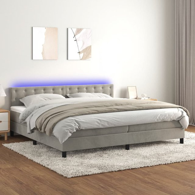 vidaXL Boxspringbett mit Matratze und LED-Beleuchtung sowie USB-Anschluss, Hellgrau, B/T: 200 x 200 cm - Bild 2